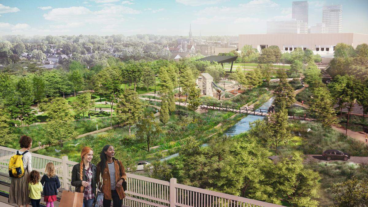 The view of Town Branch Park from Oliver Lewis Way Bridge. Town Branch Park and Sasaki, the design firm, released final designs for the park on Sept. 22, 2022.
