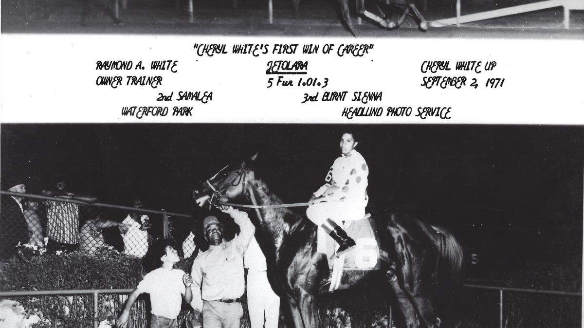 Cheryl White, the first Black woman licensed jockey, after her first win on Jetolara in 1971. (Photo published with permission from the White family.)