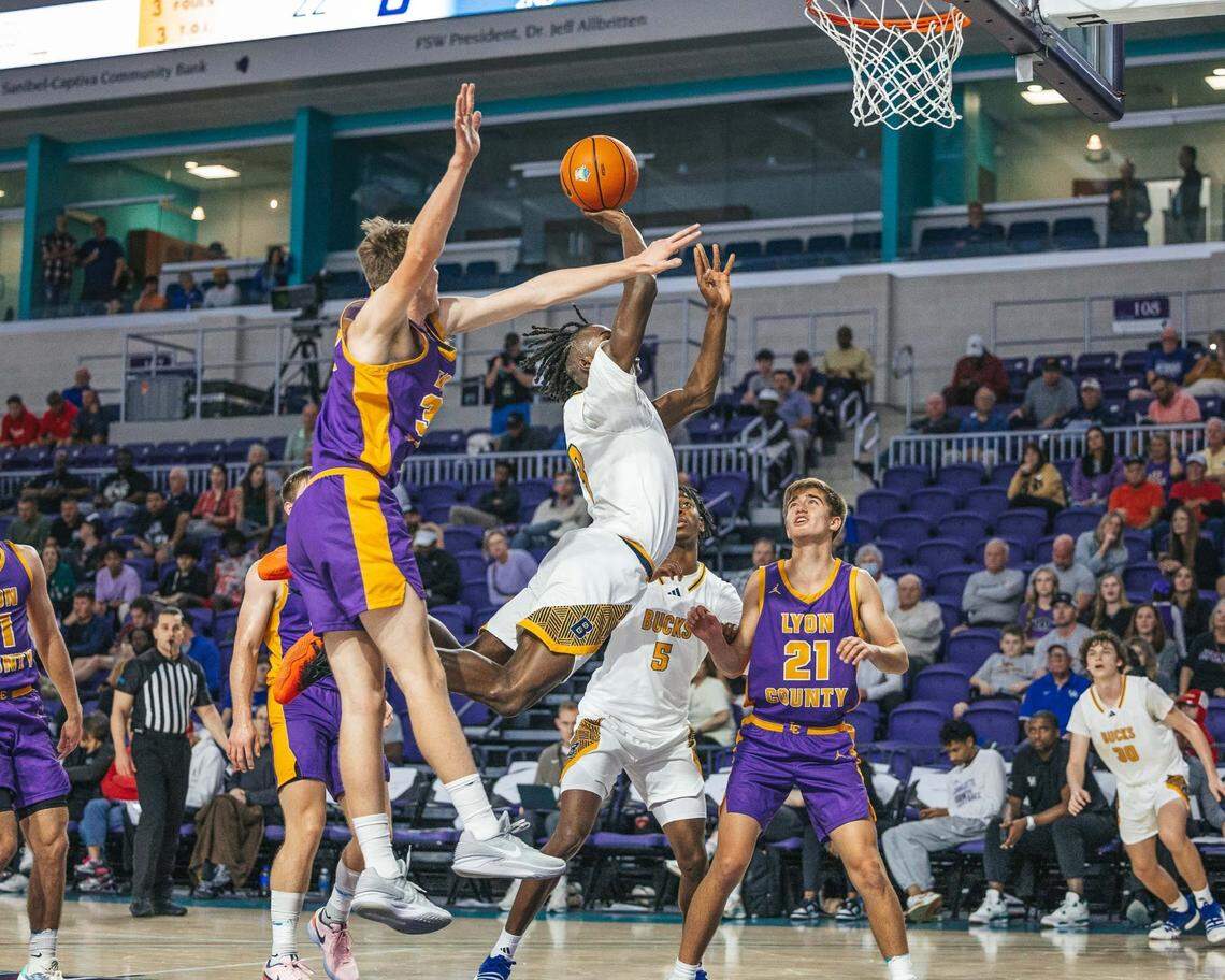 Buckhorn Bucks guard Caleb Holt (3) shoots a lay up against the Lyon County Lyons in the 50th annual City of Palms Classic Signature Series championship game at Suncoast Credit Union Arena in Fort Myers on Friday, Dec. 22, 2023.