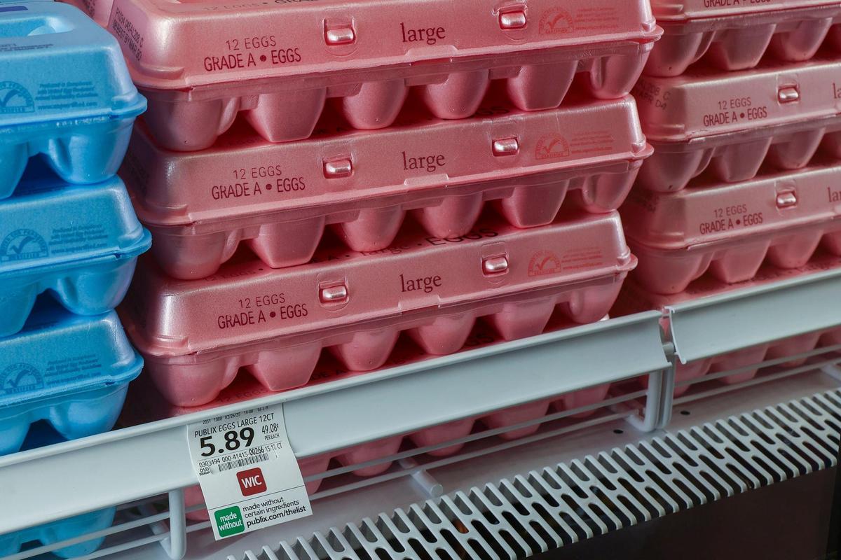 Large eggs on display in the dairy section inside Publix Super Market during a sneak peek of Lexington’s first Publix grocery store, March 3, 2025 in Lexington, Ky. The new-to-Lexington supermarket, located at the intersection of Citation Boulevard and Georgetown Road, has 16 aisles. The 46,791-square-foot store will have a bakery, deli, meat and seafood departments, drive-thru pharmacy and an adjacent liquor store. The store will be open 7 a.m. to 10 p.m. daily.