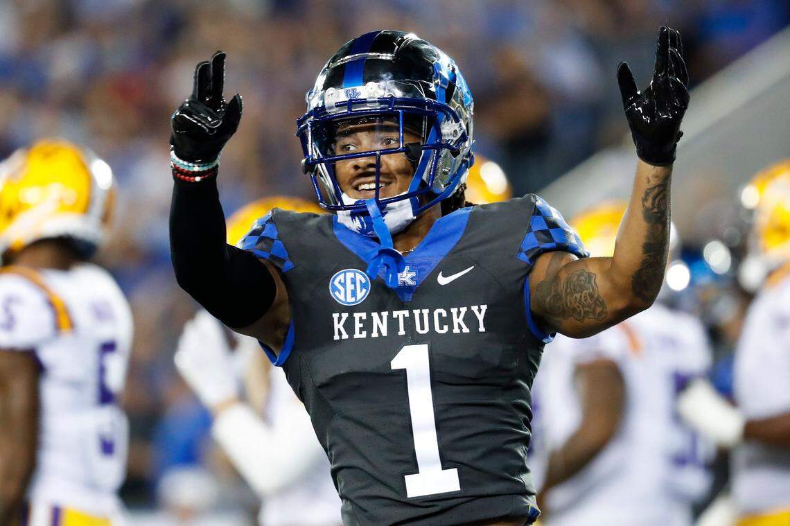 Kentucky wide receiver Wan’Dale Robinson (1) celebrated after catching an 11-yard touchdown pass from Will Levis in UK’s 42-21 win over LSU last week. For the game, Robinson caught eight passes for 60 yards.