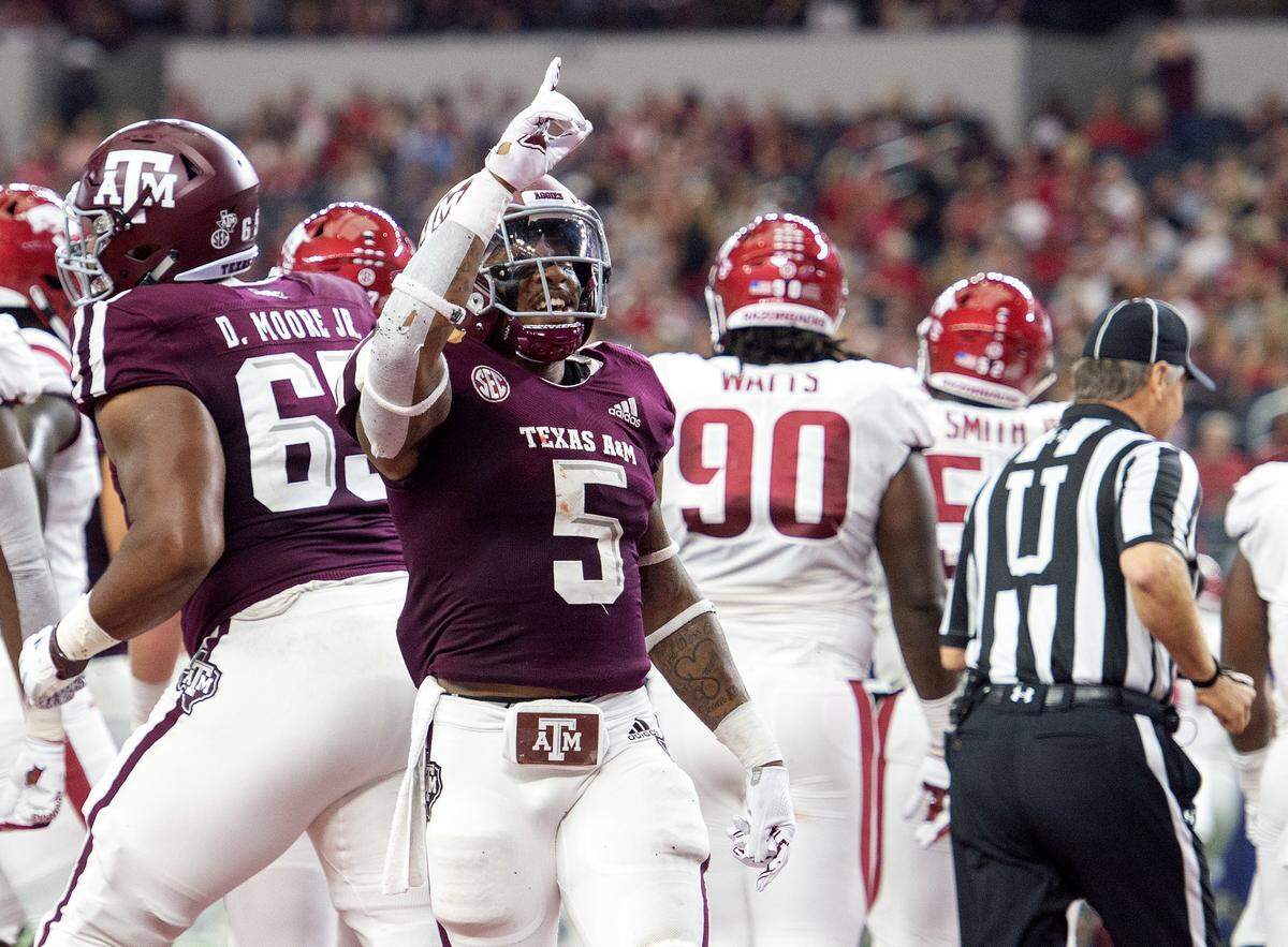 With 582 rushing yards, Texas A&M running back Trayveon Williams (5) is second in the Southeastern Conference behind Kentucky’s Benny Snell with 639 yards.