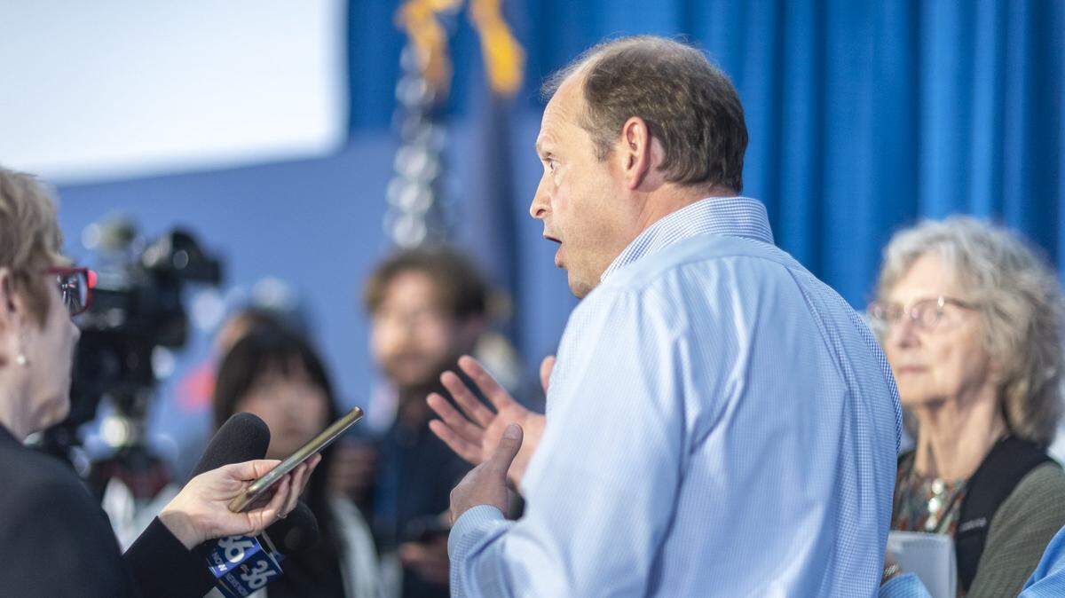U.S. Rep. Andy Barr speaks with members of the media after announcing he’s running for the U.S. Senate during a campaign launch at Lynwood Estate in Richmond, Ky., on Tuesday, April 22, 2025.