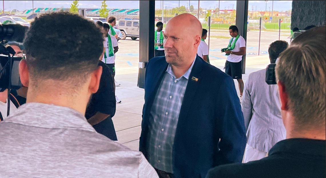 USL Championship president Jeremy Alumbaugh meets with reporters after announcing Lexington Sporting Club’s step up in class on Tuesday. “Since day one I think they’ve been ambitious and this has been part of their plan, is to get (to the USL Championship),” Alumbaugh said.
