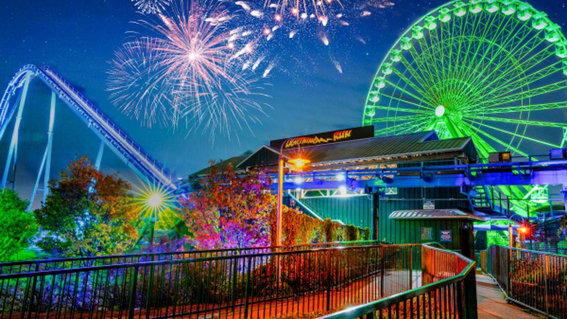 Fireworks light up the sky over Kentucky Kingdom and Hurricane Bay.