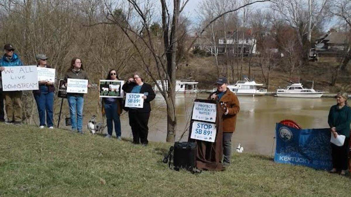 Protesters gathered at the Kentucky River in Frankfort on March 4 to oppose Senate Bill 89, a water pollution bill.