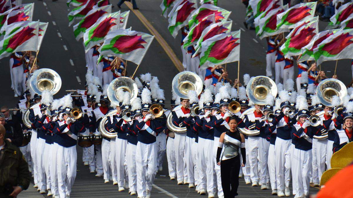 The Lafayette Band, "Pride of the Bluegrass," marched in the 124th Tournament of Roses Parade in Pasadena, Calif., on New Year's Day.      