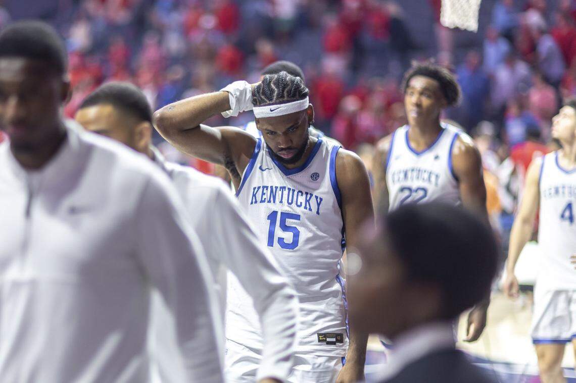 Ansley Almonor (15) and the Kentucky Wildcats walk off the court following Tuesday’s loss to Ole Miss in Oxford, Mississippi.