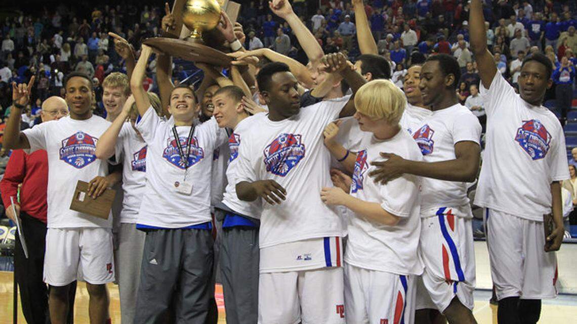 Madison Central celebrated winning the state championship title in Rupp Arena in Lexington Sunday. Photo by Pablo Alcala