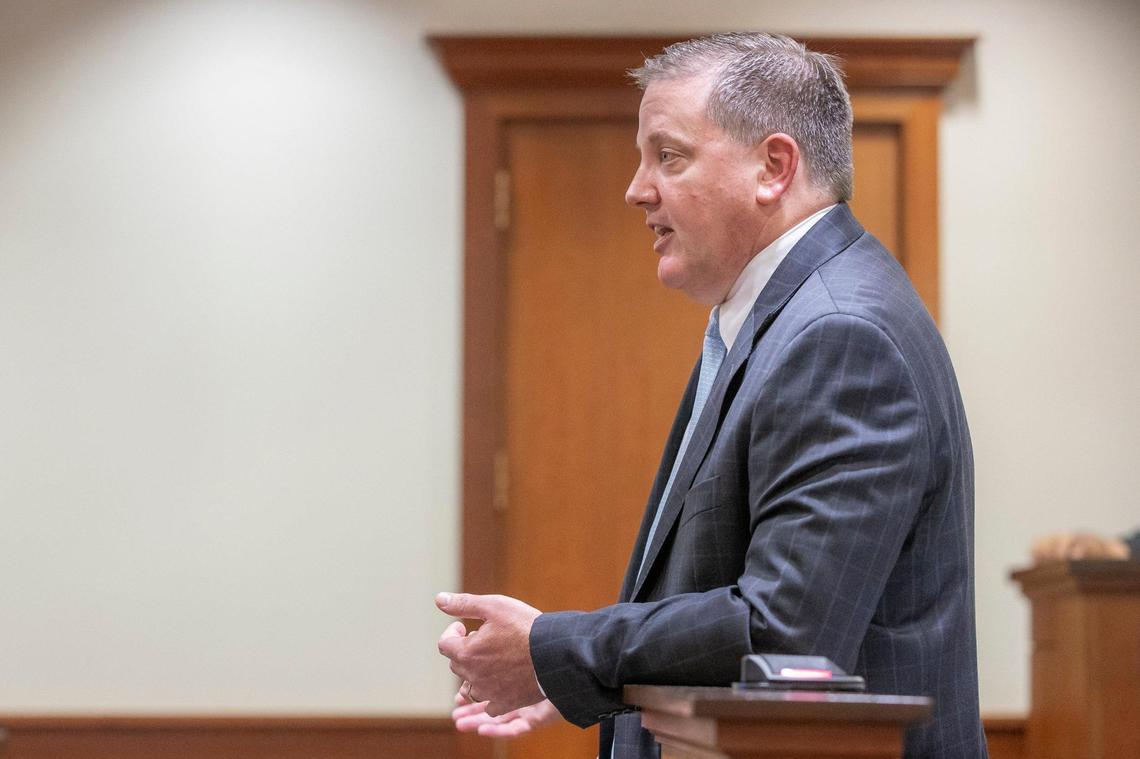 Louisville defense attorney Brian Butler speaks during the arraignment for Brooks Houck at the Nelson County Courthouse in Bardstown, Ky., on Thursday, Oct. 5, 2023. Houck has been charged in the murder of Crystal Rogers.