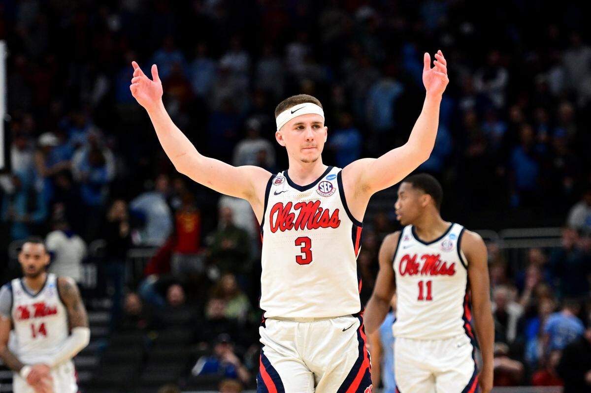 Mar 21, 2025; Milwaukee, WI, USA; Mississippi Rebels guard Sean Pedulla (3) celebrates after a play during the second half of a first round NCAA men's tournament game against the North Carolina Tar Heels at Fiserv Forum. Mandatory Credit: Benny Sieu-Imagn Images