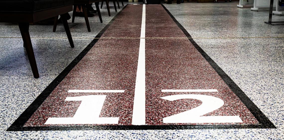 A two-lane short track located inside J&H Running Co. assists the sales team with conducting gait analysis for proper shoe fitting on May 22, 2025, in Lexington, Ky.