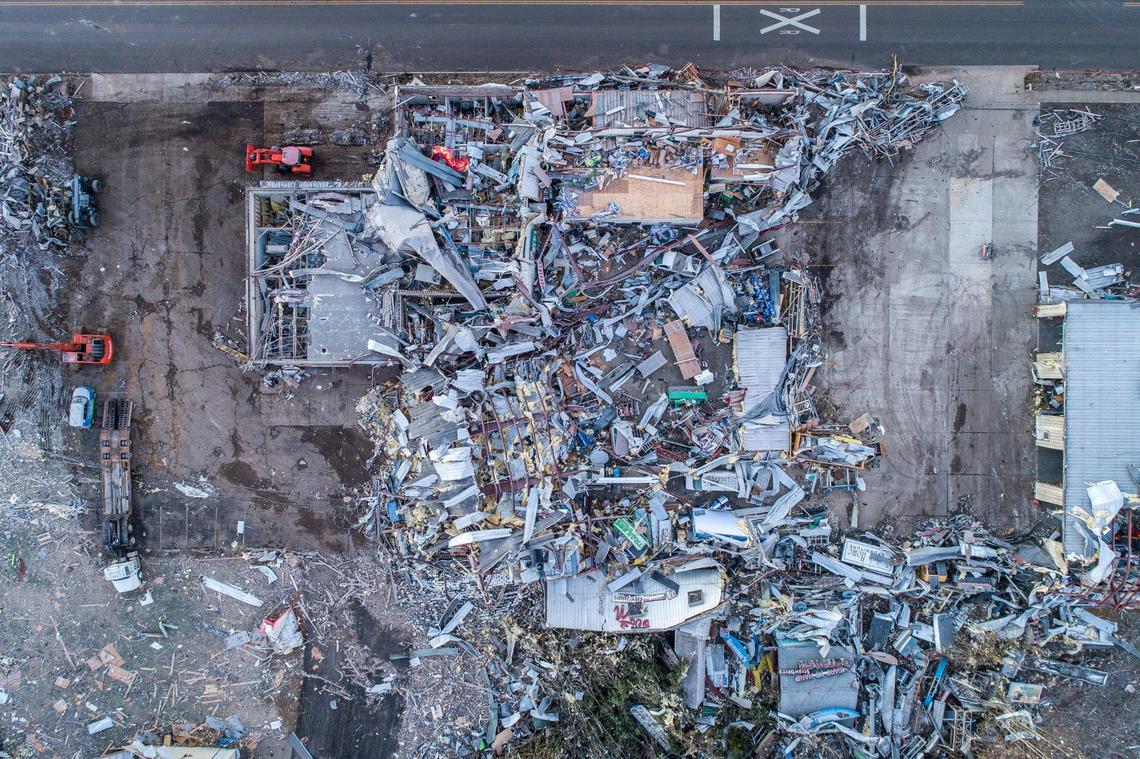 Structures in downtown Mayfield, Ky., are heavily damaged Sunday, Dec. 12, 2021, after a tornado ripped through town Friday night.