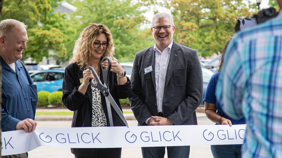 Lexington Housing Advocacy and Community Development Commissioner, Charlie Lanter, Terry Helton from the Kentucky Housing Corporation, and Glick President and CEO, David Barrett, cutting the ribbon for a public-private partnership to make affordable senior living on May 14, 2025, in Lexington, Ky.