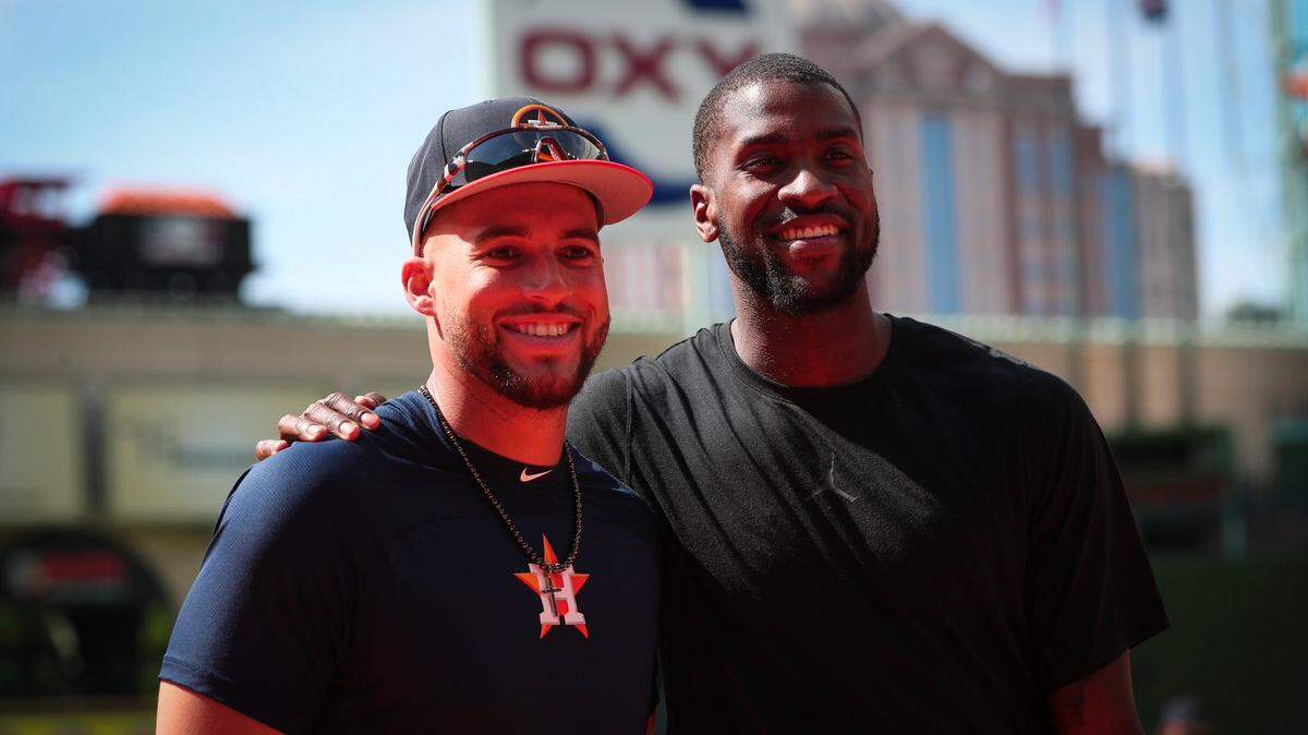 The Astros' George Springer and NBA star Michael Kidd-Gilchrist posed for a photo ahead of Houston's game Friday.