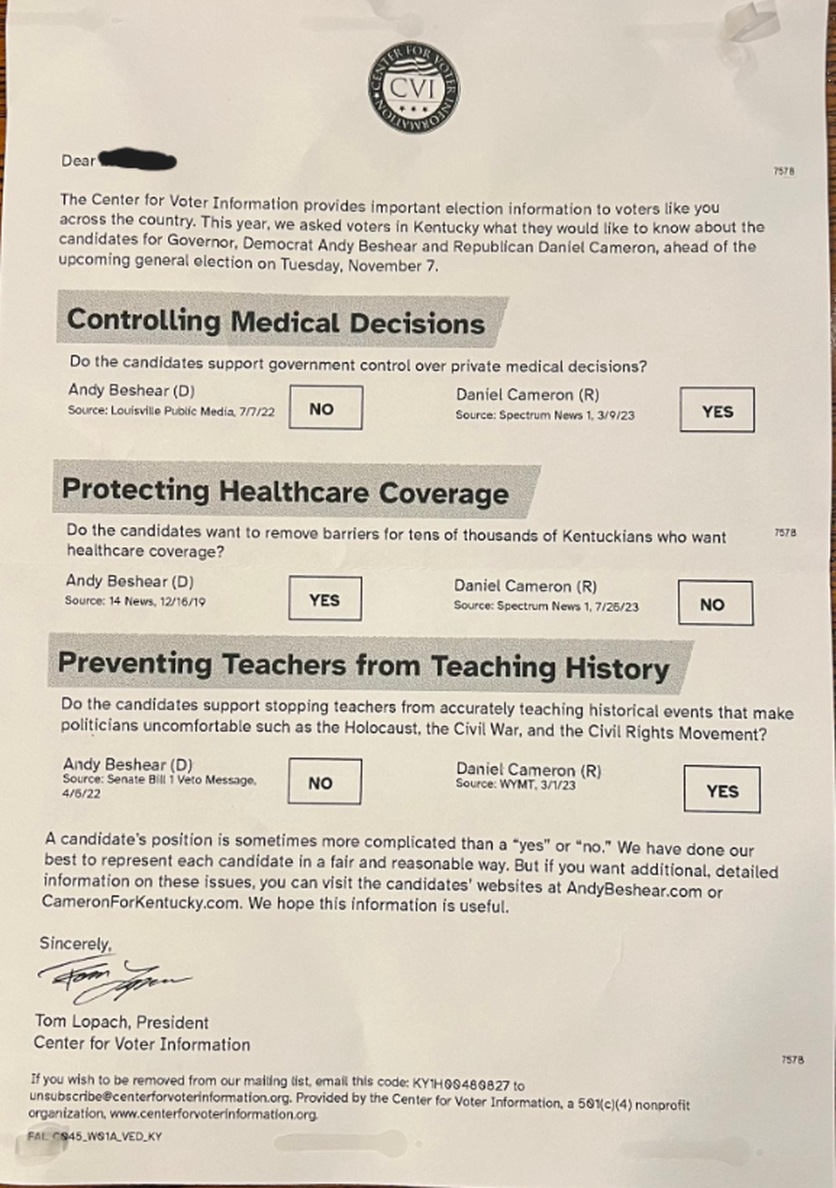A mailer from the progressive-leaning Center for Voting Information