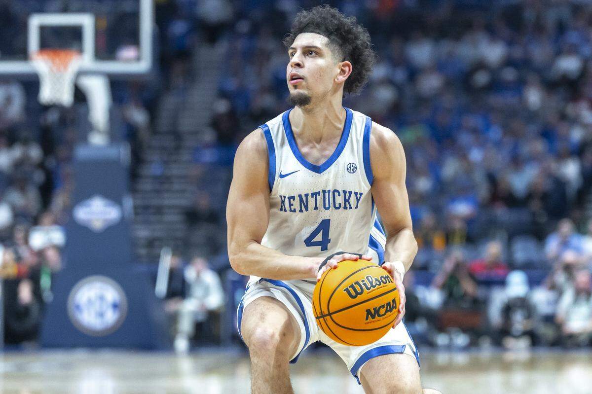 Kentucky guard Koby Brea looks to shoot the ball during an SEC Tournament game against Oklahoma at Bridgestone Arena in Nashville, Tennessee, on March 13. Brea leads the Wildcats in made 3-pointers.