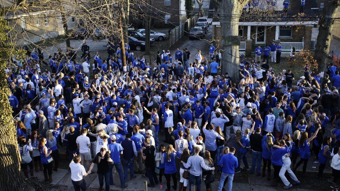Crowds fill the streets around State Street, and University Ave to celebrate UK's 2014 Midwest Regional Championship, and a trip to the Final Four, Sunday, Mar. 30, 2014  Photo by Jonathan Palmer