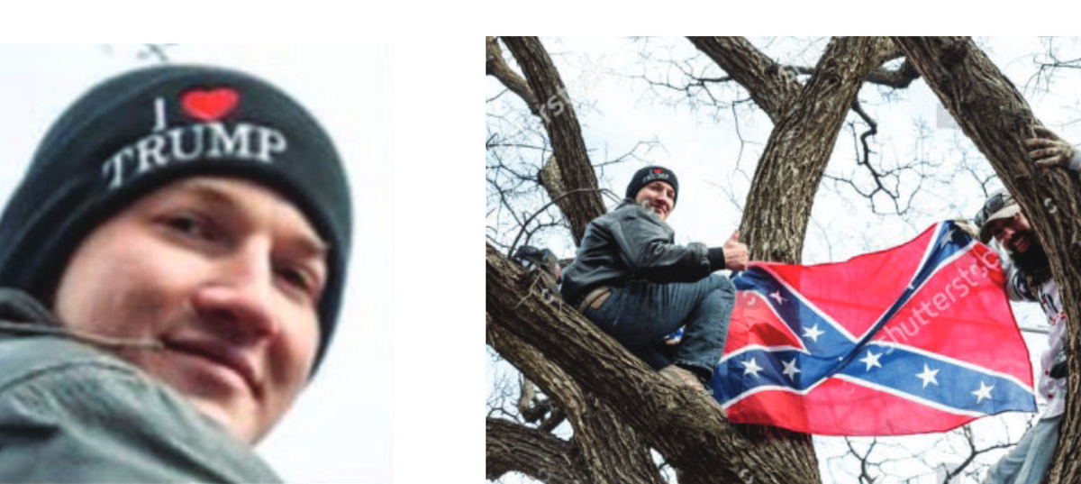 A court statement said these photos show Isreal Easterday, left, at the U.S. Capitol on Jan. 6, 2021 and holding a Confederate flag at right.