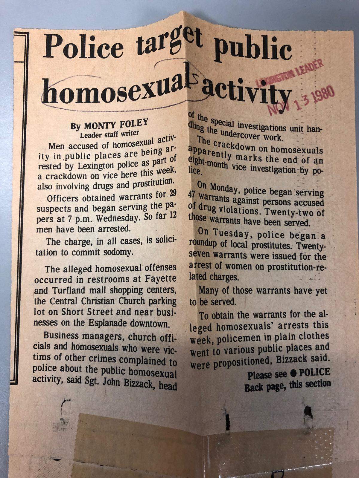 An article from the Lexington Leader from Nov 13, 1980 about a police sting to arrest gay men.