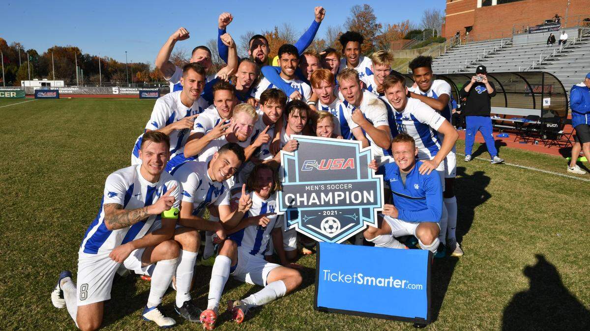 Kentucky’s men’s soccer team celebrated its 2-1 defeat of Florida Atlantic in the Conference USA Tournament championship match in Charlotte, N.C., on Sunday.
