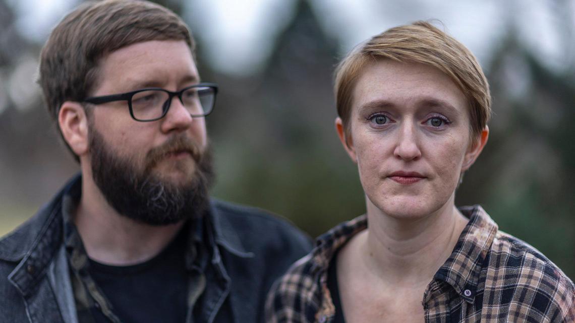 Stephen Montgomery and Genevieve Postlethwaite are photographed in Murray, Ky., on Wednesday, Dec. 25, 2025. in July, Postlethwaite had a severe complication in her pregnancy that made it nonviable. But because of Kentucky’s abortion laws, they had to hastily go to Illinois to get an abortion