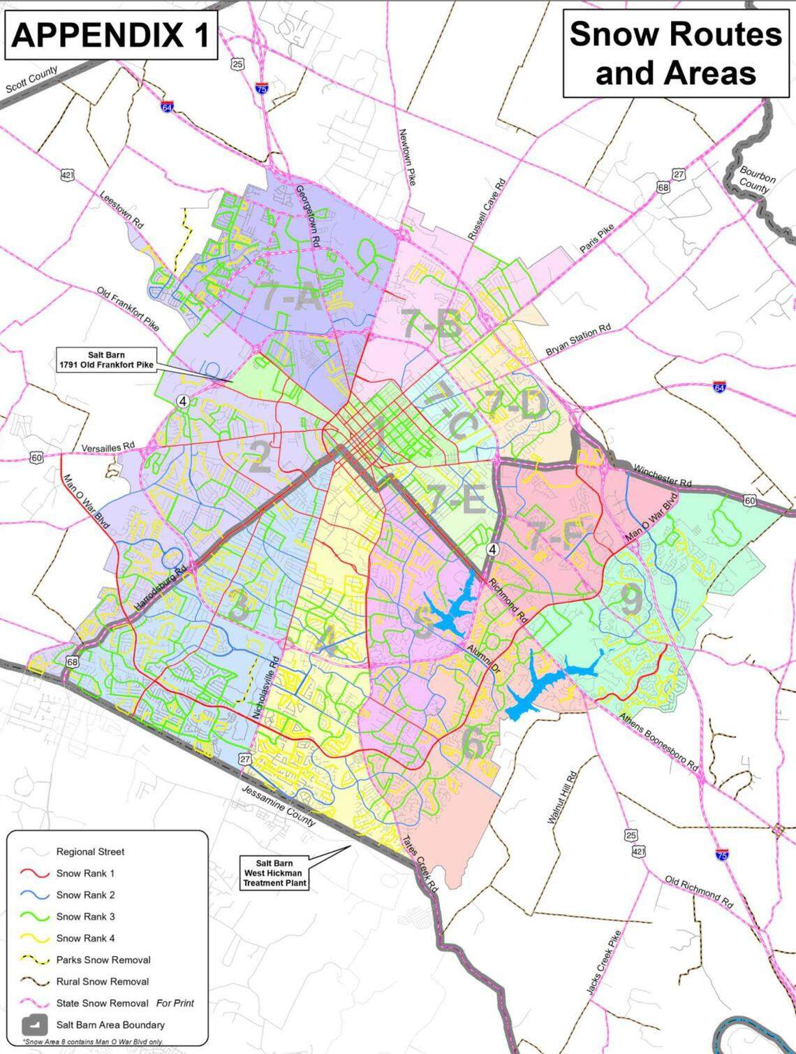 The city of Lexington plows streets based on a ranking system. Rank 1 streets are plowed first. Those streets are generally roads with the most traffic or have critical services located on them, including hospitals. Rank 4 streets are generally neighborhood streets and are ranked last.