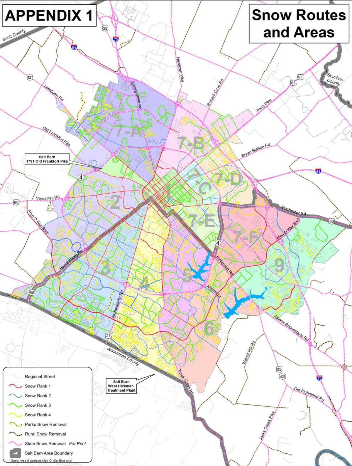 The city of Lexington plows streets based on a ranking system. Rank 1 streets are plowed first. Those streets are generally roads with the most traffic or have critical services located on them, including hospitals. Rank 4 streets are generally neighborhood streets and are ranked last.