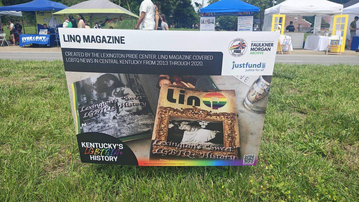 One of several historical signs, developed by the Lexington Pride Center and the Faulkner Morgan Archive, displayed throughout the 2026 Lexington Pride Festival on May 30, 2026.