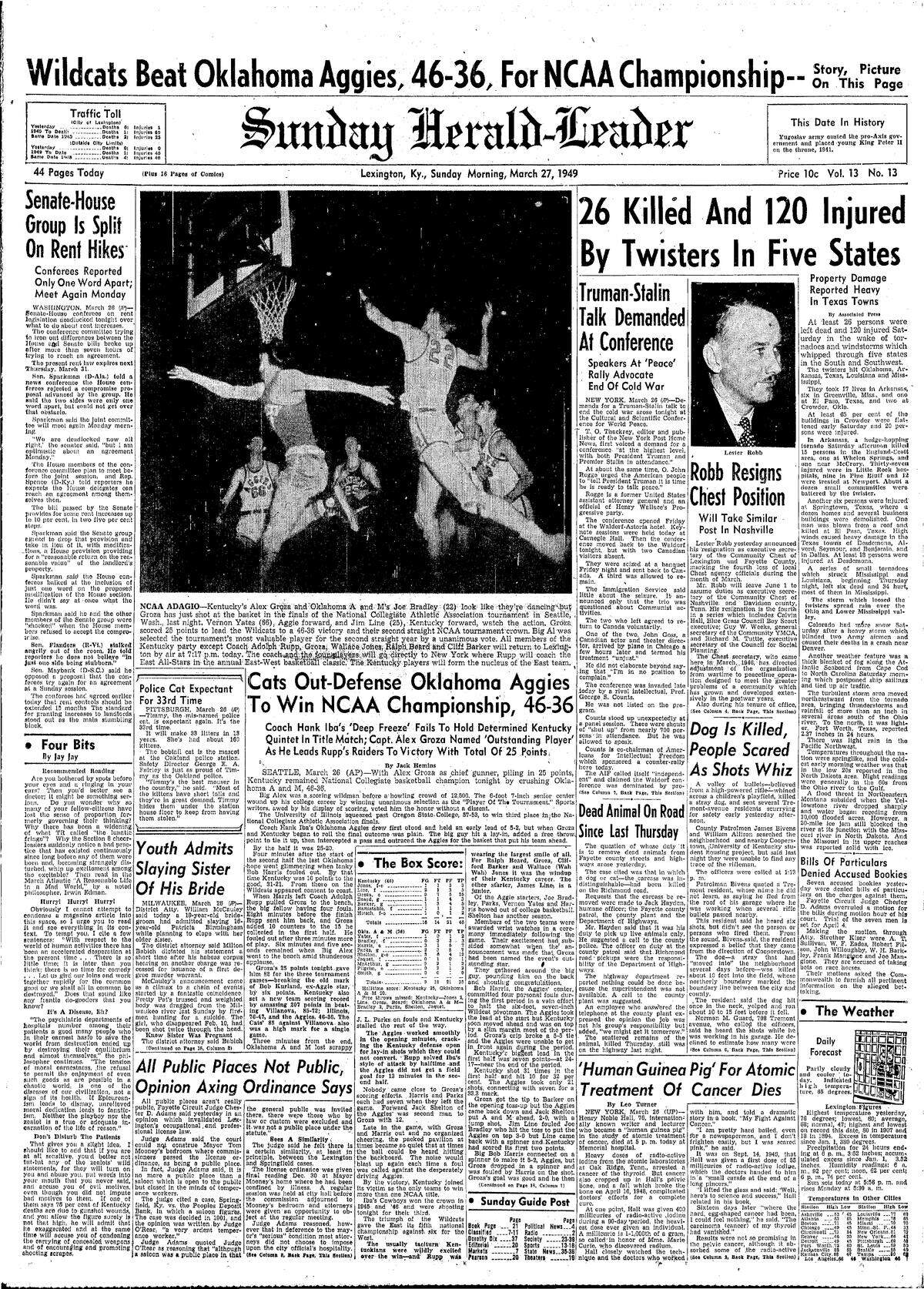 The Sunday Herald-Leader front page on March 27, 1949.