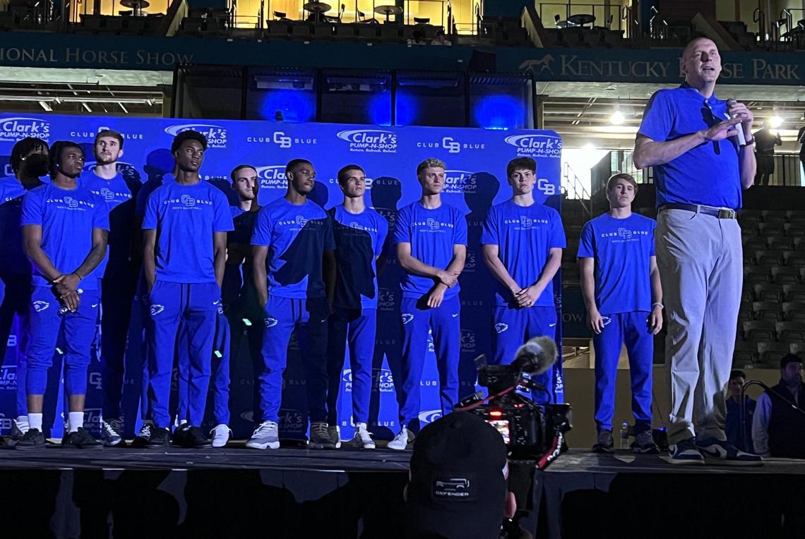 Mark Pope introduced the 2024-25 UK men’s basketball team to the crowd at the Club Blue NIL event at Alltech Arena in Lexington on Saturday.