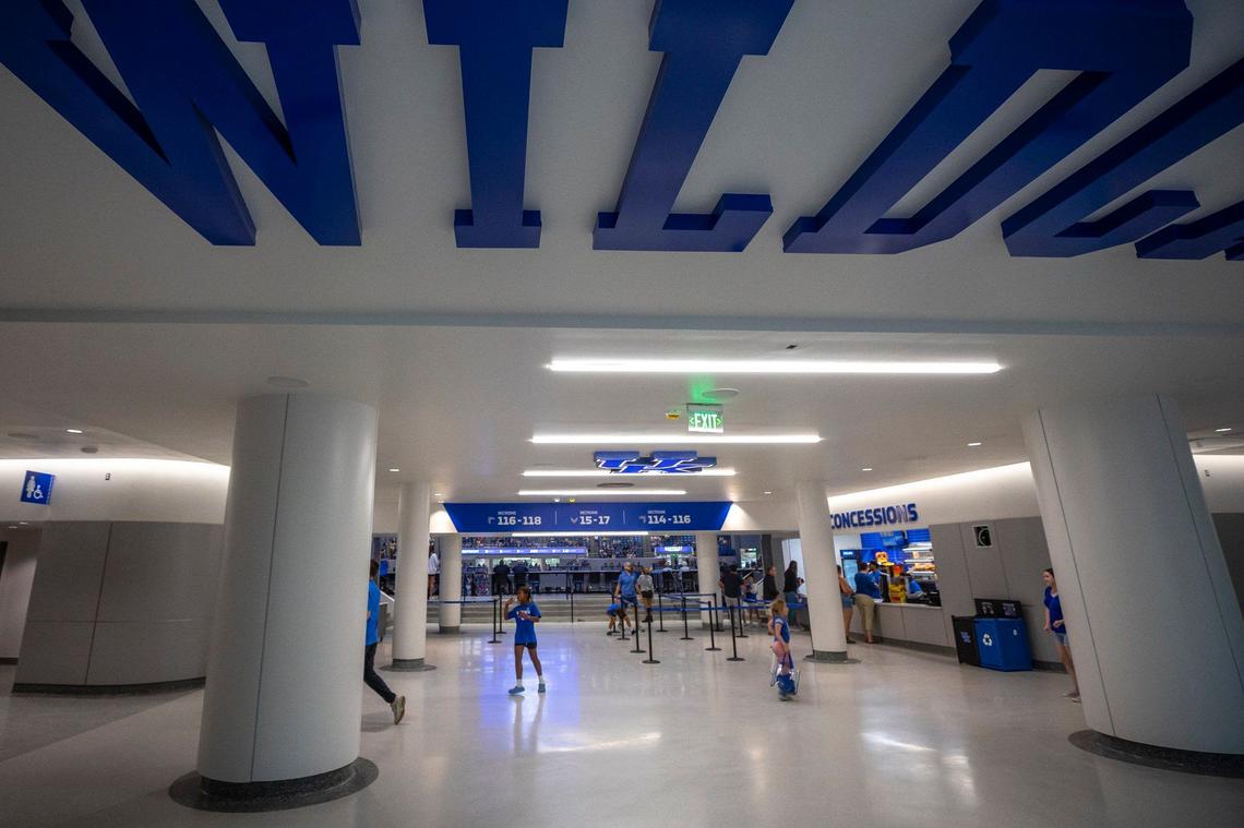 Fans walk through the concourse at the newly renovated Memorial Coliseum in Lexington, Ky., on Friday, Aug., 2024.