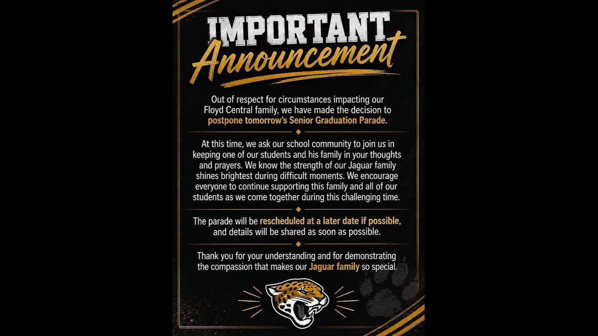 Floyd Central’s graduation parade scheduled for May 31, 2026 was canceled after a student was struck by a vehicle and injured the day before.