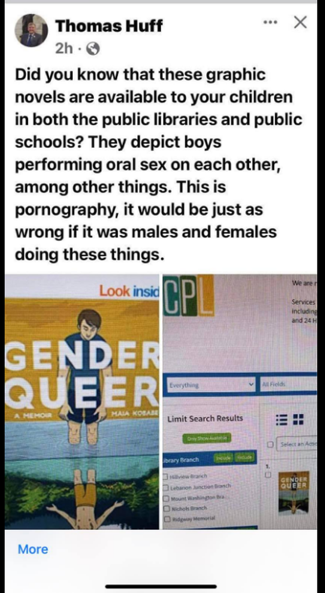 A Facebook post by state Rep. Thomas Huff about the book Gender Queer: A Memoir.