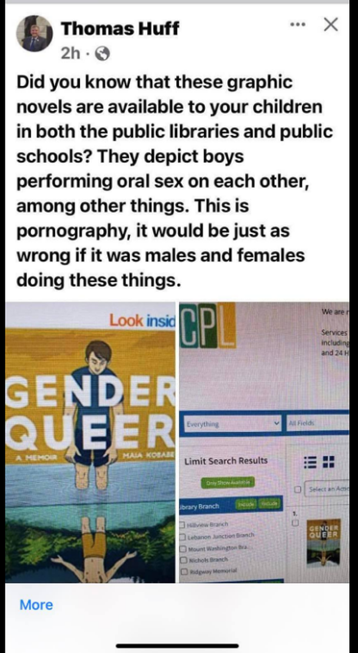 A Facebook post by state Rep. Thomas Huff about the book Gender Queer: A Memoir.
