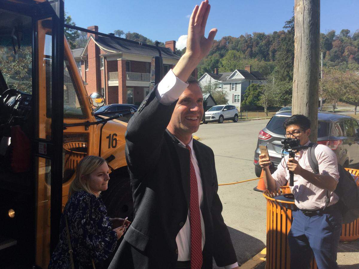Democratic gubernatorial nominee Andy Beshear embarked from a Frankfort Independent school bus Wednesday, Oct. 2, 2019, to hold a news conference at Frankfort High School to present his plan to improve Kentucky schools.