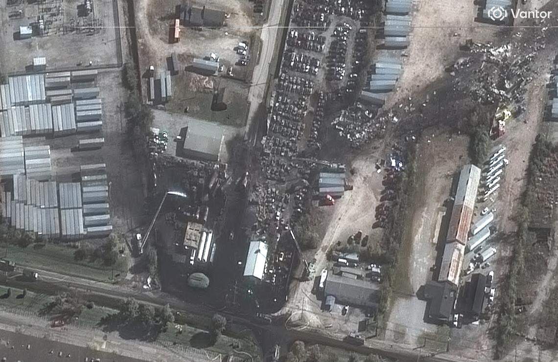Satellite imagery shows the damage at GFL Environmental after a UPS airplane crashed in Louisville, Ky. on Nov. 4, 2025.