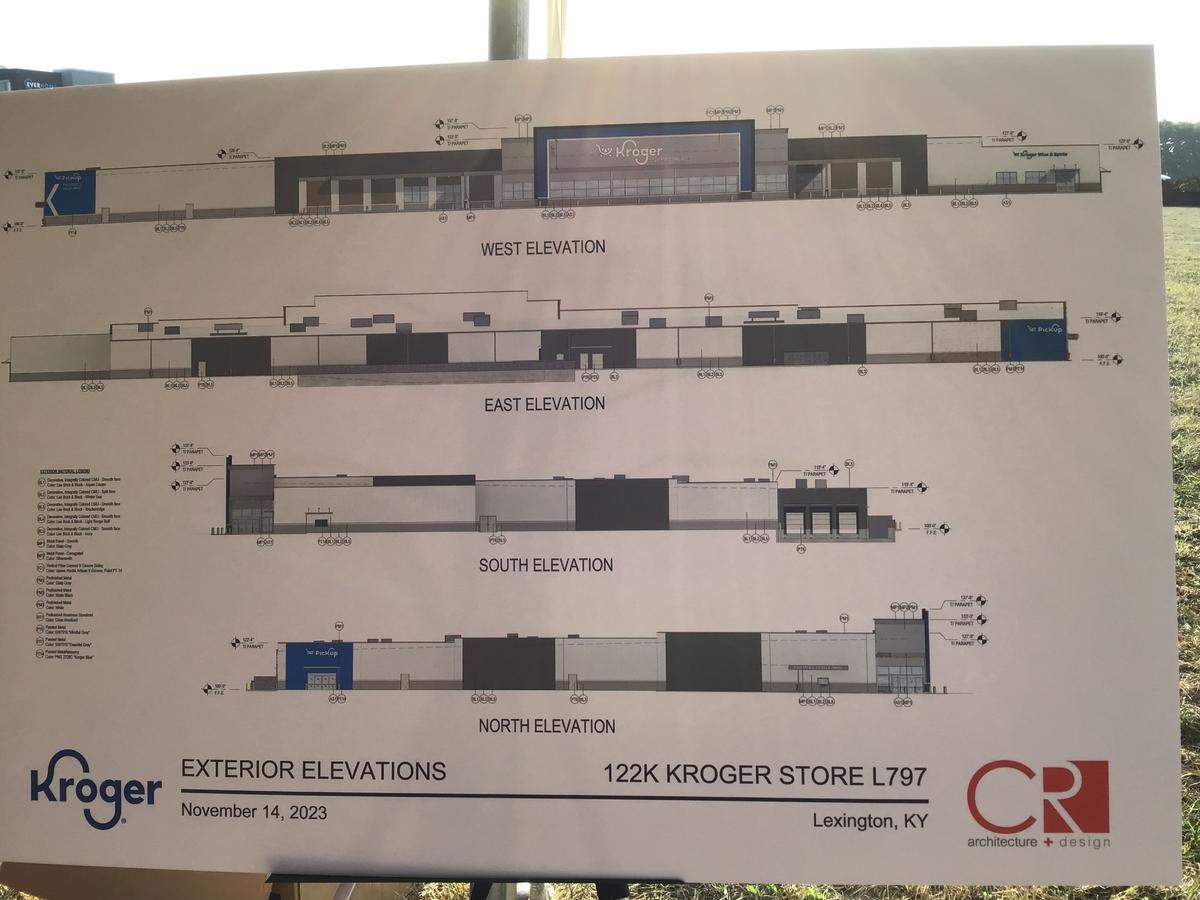 Site work has begun for the new Kroger Marketplace, shown in renderings, off Newtown Pike. It’s scheduled to open in the spring of 2026.