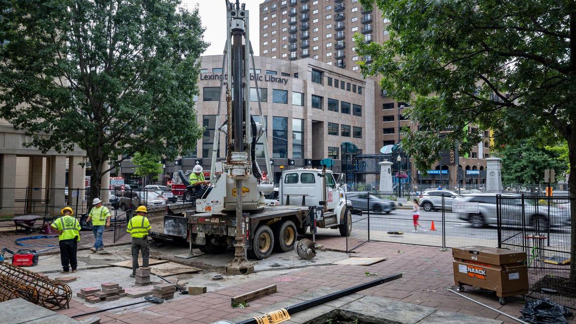 Construction for new statue installation on Tuesday, July 1, 2025, at Robert F. Stephens Courthouse in Lexington, Ky.