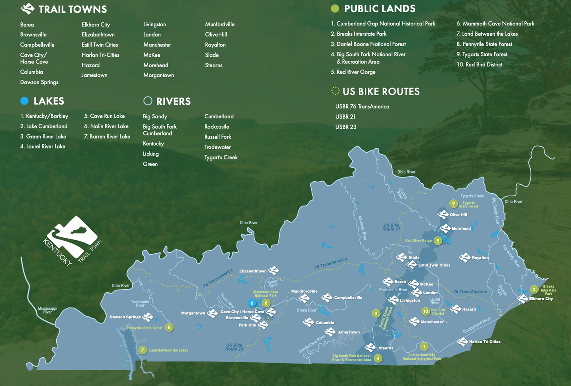 This map from the state Department of Tourism shows Kentucky Trail Town locations across the state.