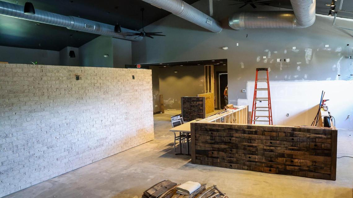 Renovations inside the bar area of the Southern Cookhouse & Bar, Thursday, July 17, 2025 in Lexington, Ky. The new restaurant will have a menu of comfort food with a Southern twist the owners say. The bar area will have multiple television’s including four 85-inch TVs on the wall above the bar and an 100-inch set facing the bar.