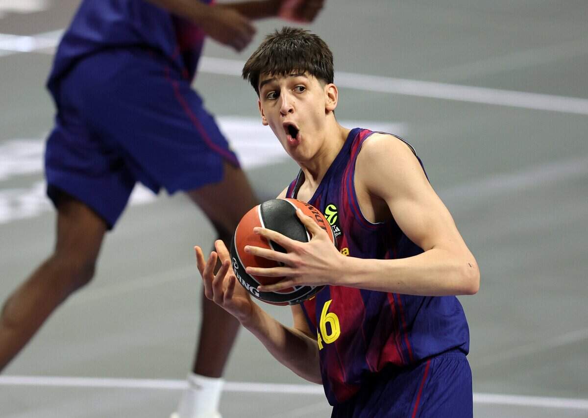 ATHENS, GREECE - MAY 24: Nikola Kusturica, #46 of U18 FC Barcelona reacts  during 2026 ANGE Finals Championship game Real Madrid vs FC Barcelona on May 24, 2026 in Athens, Greece. (Photo by Christina Pahnke/Euroleague Basketball via Getty Images)
