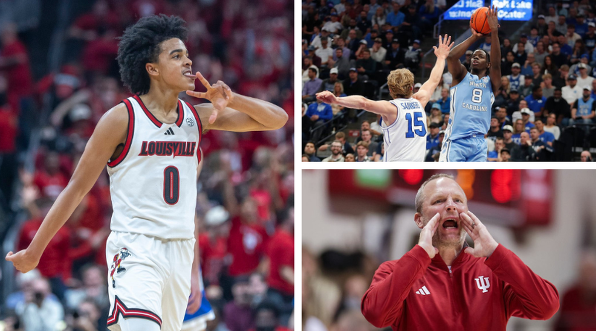 Mikel Brown Jr., left, and Caleb Wilson, top right, have performed well as five-star freshman recruits for Louisville and North Carolina during the 2025-26 season. Indiana head coach Darian DeVries, bottom right, has secured three players from the 2026 recruiting class.