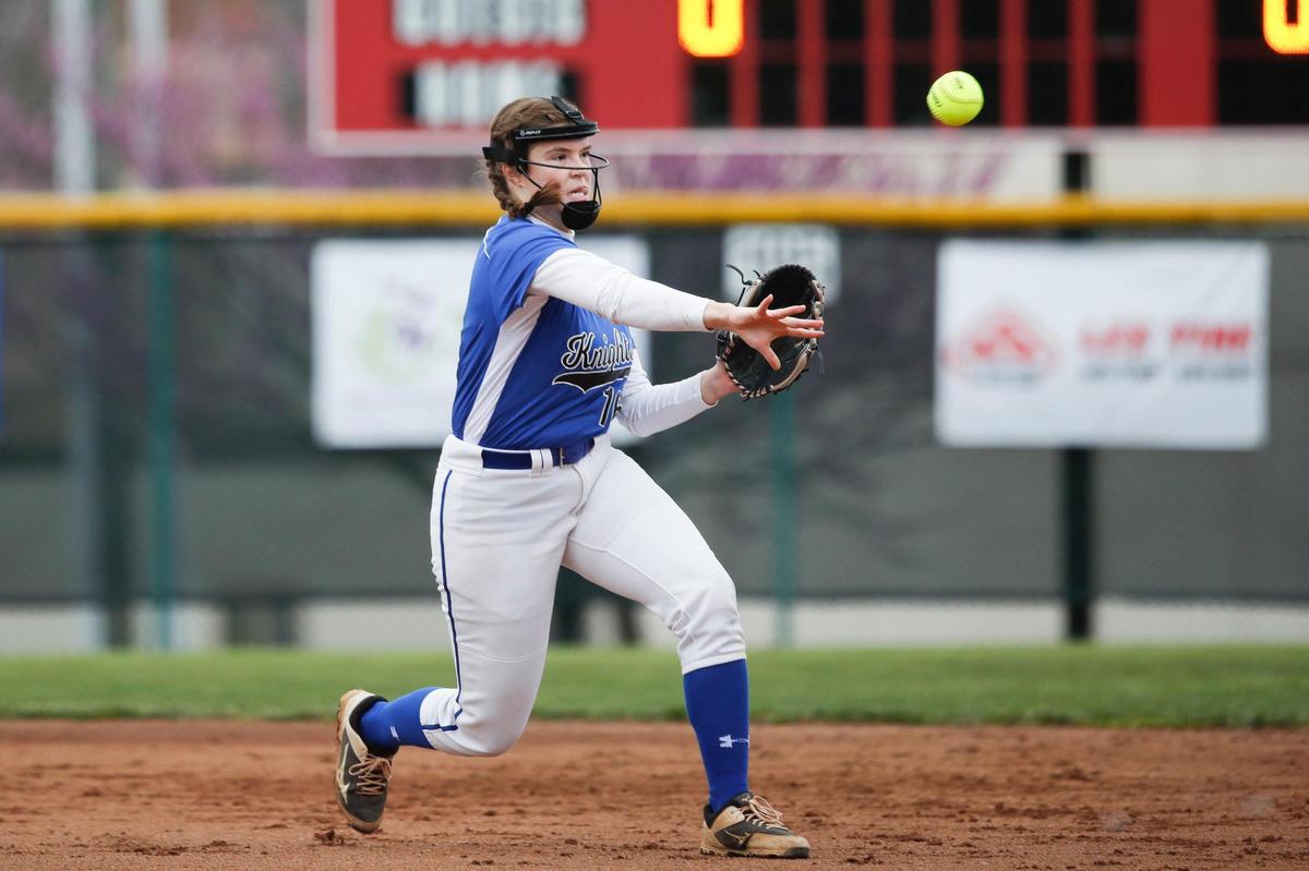 Lexington Catholic’s Sara Prisinzano (16) throws to first base after a grounder hit by Lafayette during their game at Lafayette on Tuesday night. The Knights beat the Generals for the second time this season.