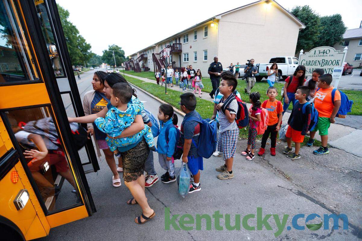 Kids boarded a bus on Alexandria Drive for the short ride to Cardinal Valley Elementary. The 11th Council District is one of the most diverse areas in the city where as many as one and four residents speak Spanish.