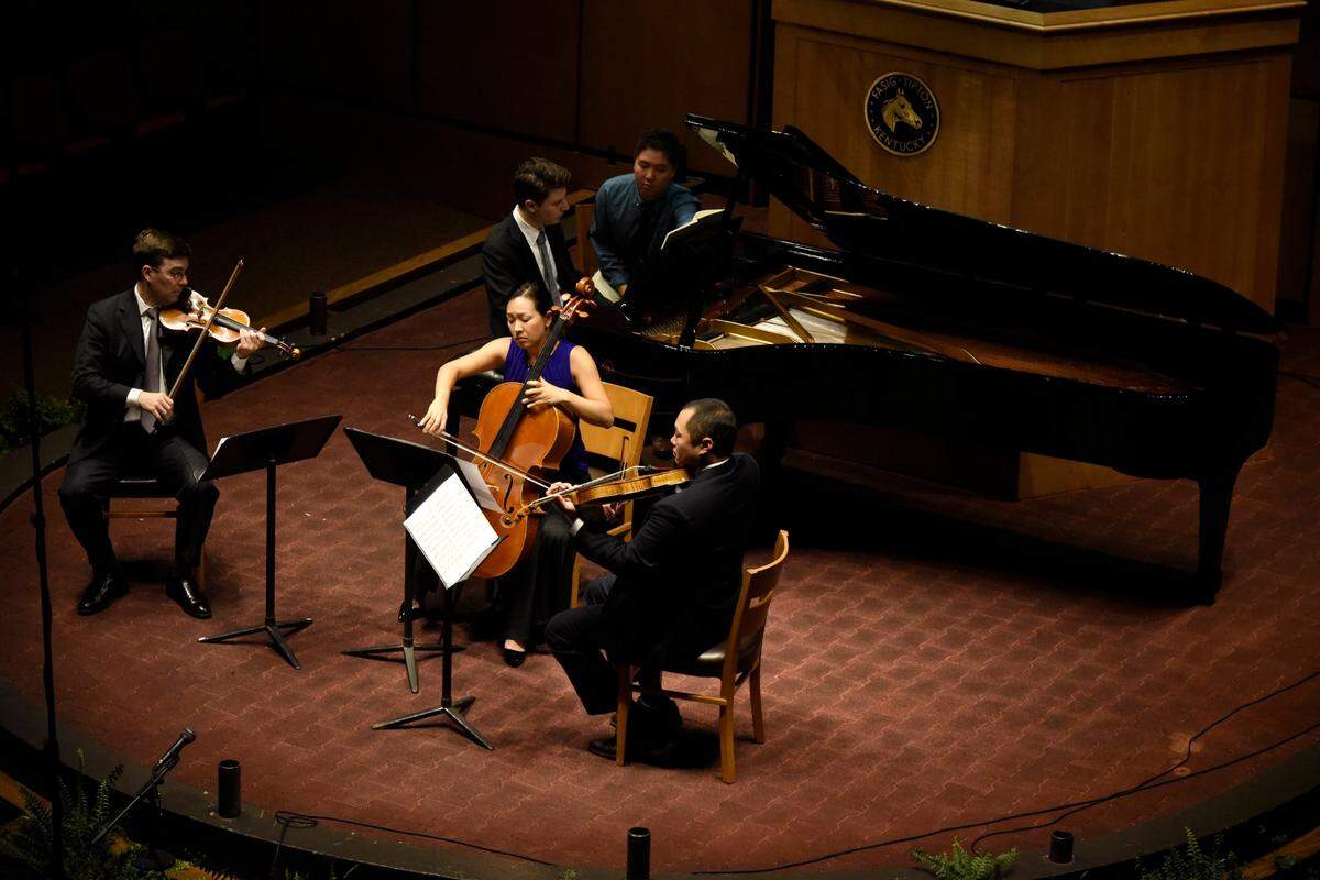Violinist Nathan Cole, pianist Alessio Bax, cellist Priscilla Lee and violist Burchard Tang perform Johannes Brahms “Piano Quartet No. 2” at the Chamber Music Festival of Lexington in the Fasig-Tipton Pavilion on Aug. 26, 2016.