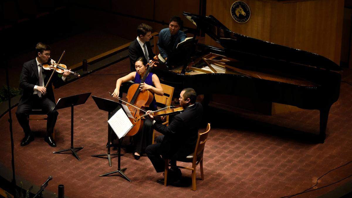 Violinist Nathan Cole, pianist Alessio Bax, cellist Priscilla Lee and violist Burchard Tang perform Johannes Brahms “Piano Quartet No. 2” at the Chamber Music Festival of Lexington in the Fasig-Tipton Pavilion on Aug. 26, 2016.