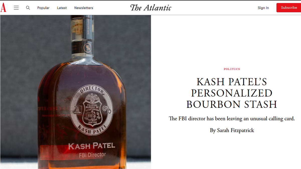 On May 6, “The Atlantic” revealed that FBI Director Kash Patel has been gifting engraved bottles of Woodford Reserve that he’s flown on a Department of Justice airplane.