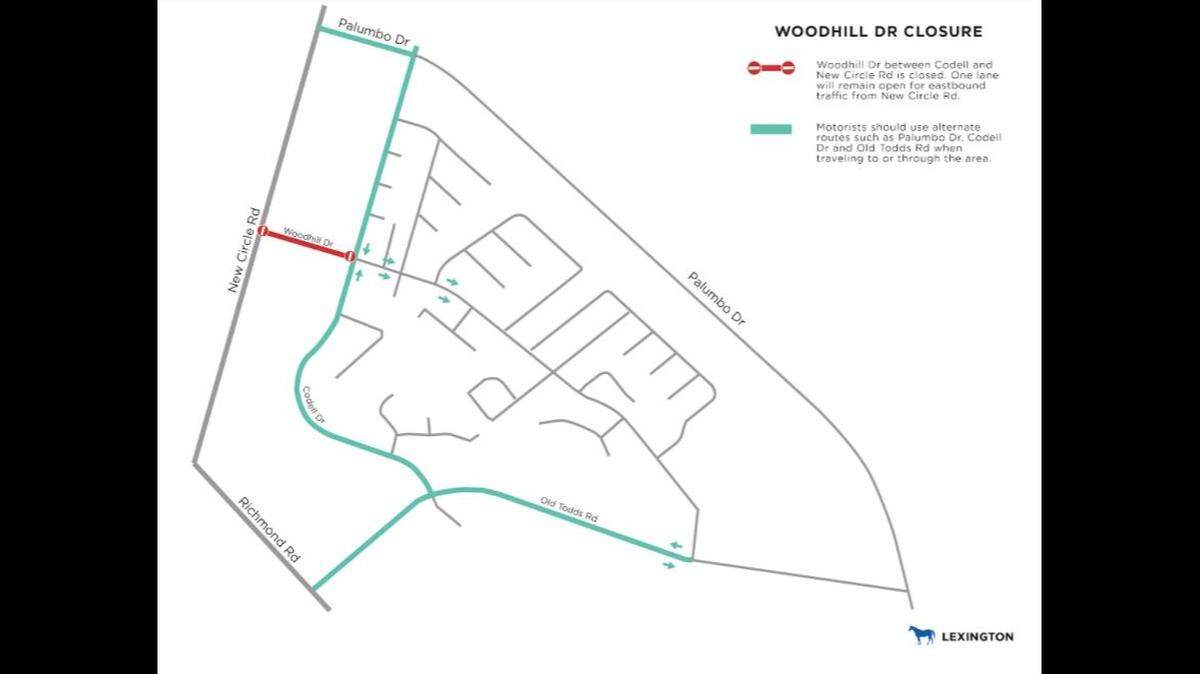 Woodhill Drive from New Circle Road to Codell Drive will be closed starting March 14, 2022.