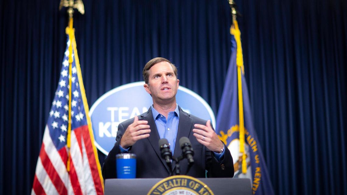 Kentucky Gov. Andy Beshear speaks during a media conference at the state Capitol in Frankfort, Ky., on Thursday, July 8, 2021.